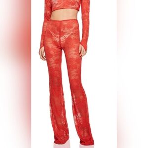 Nookie Heaven Tall Sheer Lace See Through Fabric Statement Flare Pants Red Small
